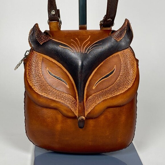 Leather Fox Face Crossbody Purse Shoulder Bag 3D Small Adjustable Strap Brown - Picture 1 of 6